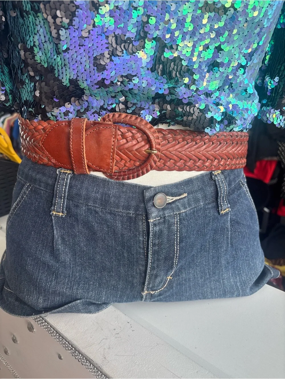 Vintage Y2K Trafalgar Braided Leather Belt in Warm Brown with Round Buckle